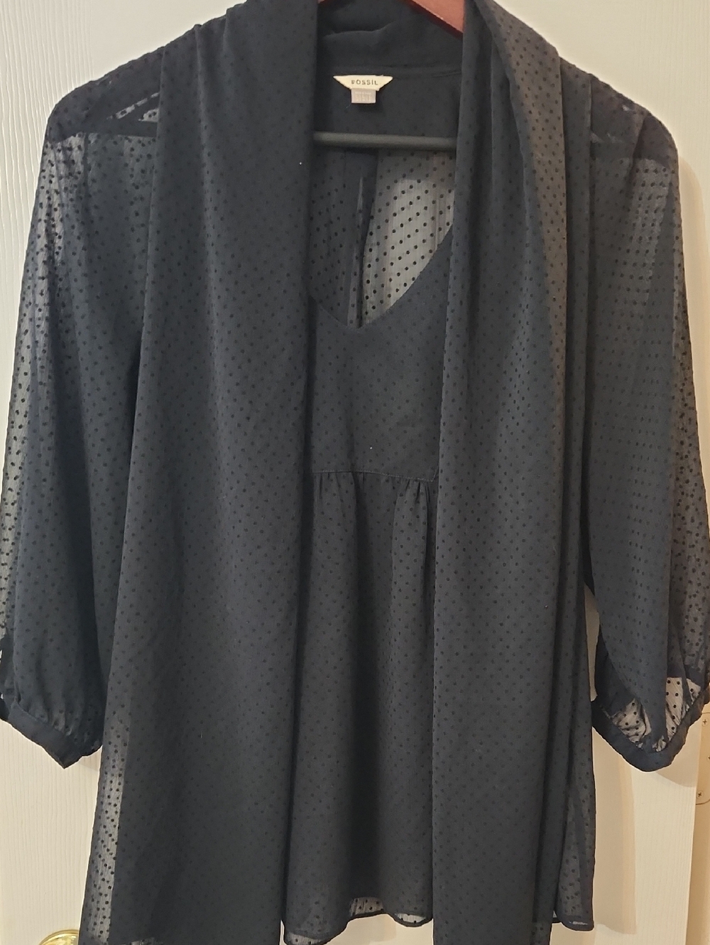 Fossill Sheer Swiss Polka Dot Tie-Neck Blouse - Black - Picture 2 of 8